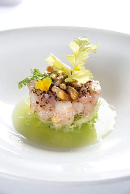 Tartare of yellowtail mackerel on julienned cucumber on white plate — Stock Photo