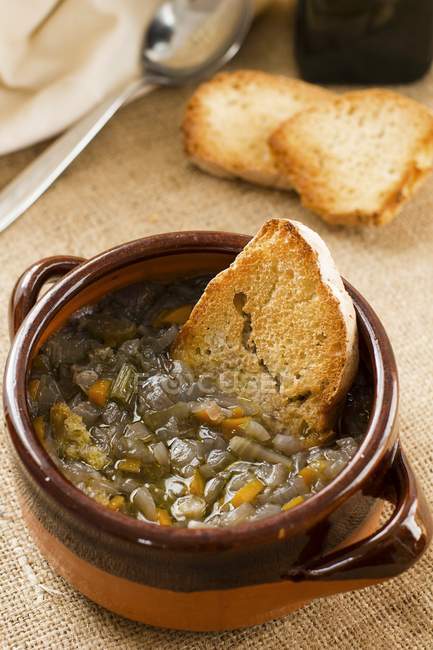 Onion soup with grilled bread — Stock Photo