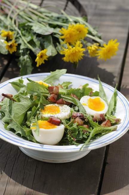 Салат з яйцями і беконом в мисці — стокове фото