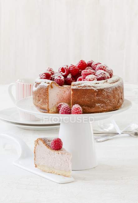 Raspberry cheesecake on plates — Stock Photo