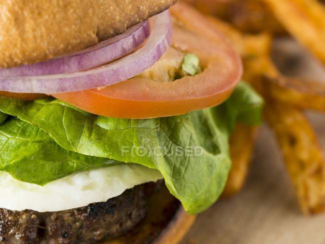 Tomato, onion and lettuce in hamburger — Stock Photo