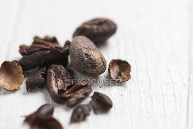 Frijoles de cacao sobre fondo blanco - foto de stock