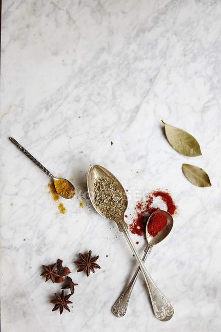 Top view of spoons with assorted spices on a marble background — Stock Photo