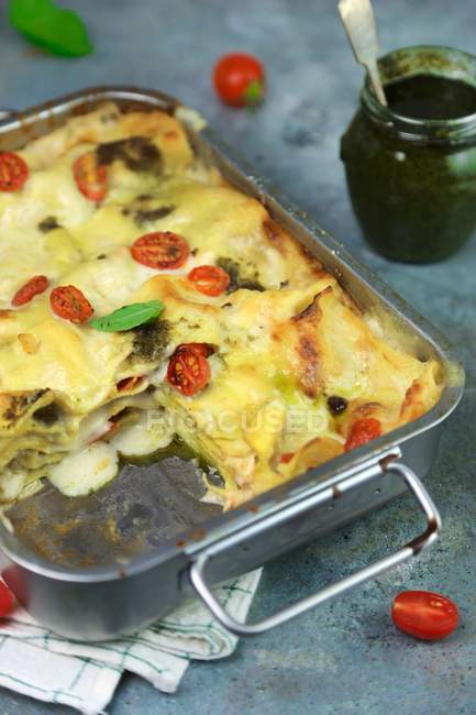Lasagne with pesto and tomatoes — Stock Photo