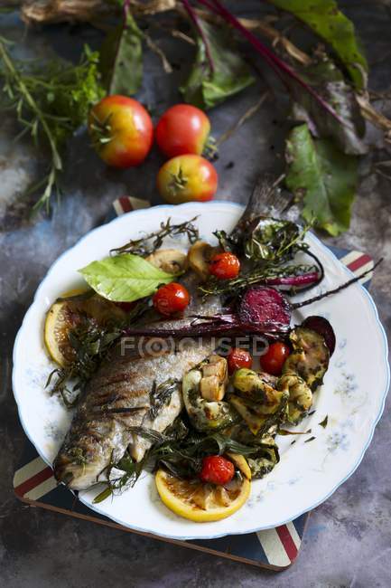 Grilled trout and vegetables — Stock Photo