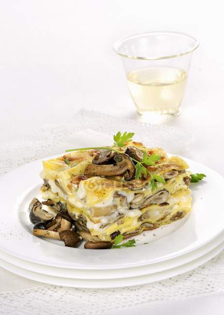 Mushroom lasagne with pioppini mushrooms — Stock Photo