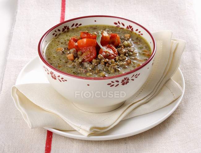 Minestra di lenticchie - итальянский чечевичный суп в миске над полотенцем — стоковое фото