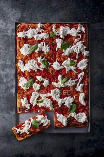 Pizza with tomatoes on tray — Stock Photo