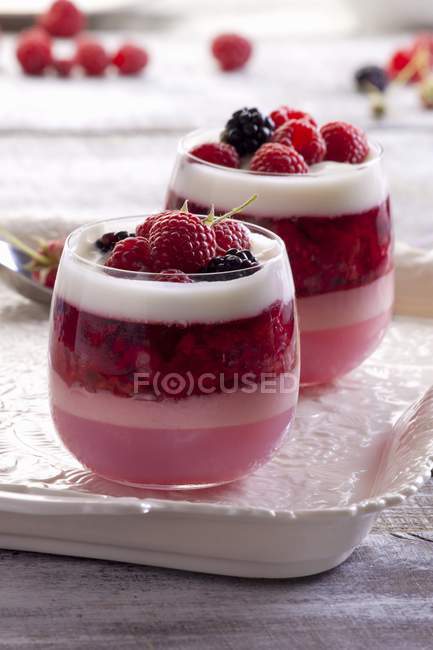 Layered dessert with raspberry — Stock Photo