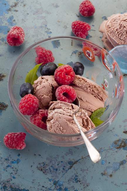 Chocolate ice cream with fresh berries — Stock Photo