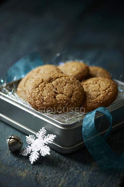Tin of gingerbread biscuits — Stock Photo
