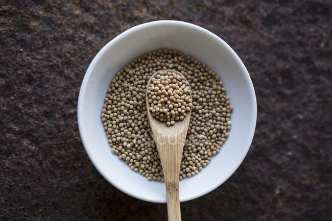 Mustard seeds with wooden spoon — Stock Photo