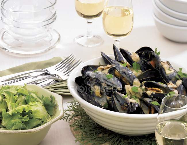 Closeup view of mussels in cider with mustard — Stock Photo