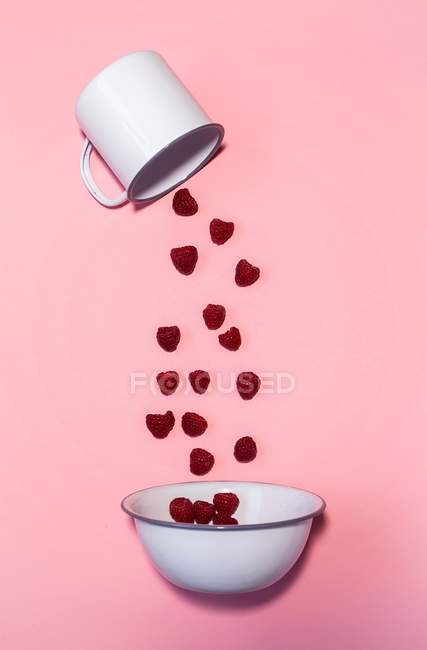 Raspberries falling out of enamel cup — Stock Photo