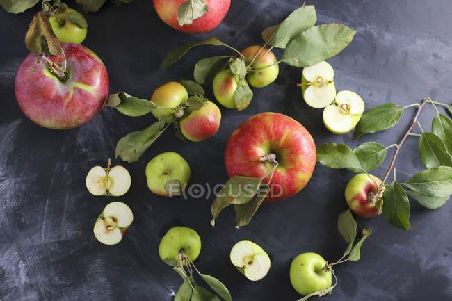 Assorted apples with leaves — Stock Photo