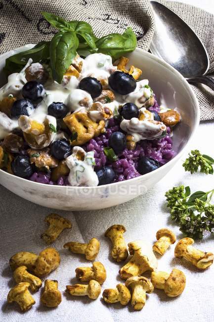 Closeup view of blueberry risotto with chanterelles mushrooms — Stock Photo