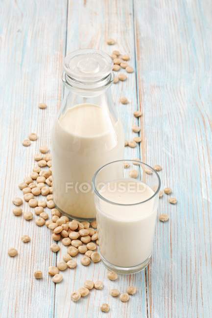Elevated view of lupin milk and lupin seeds — Stock Photo