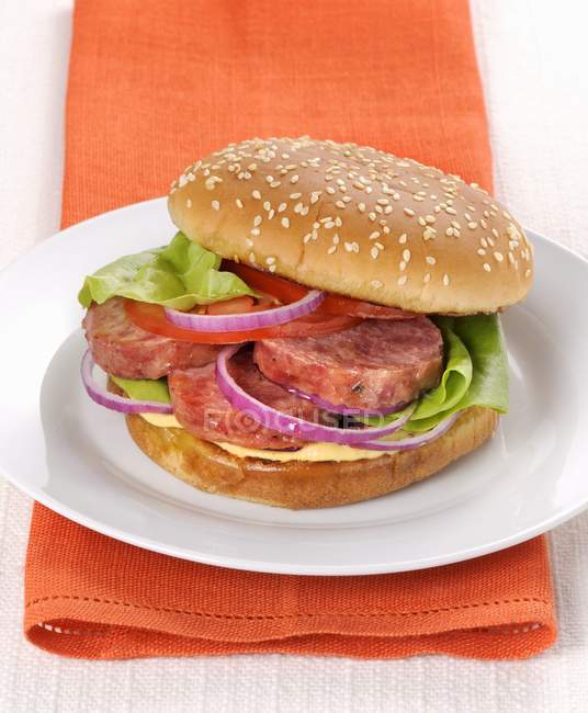 Hamburger mit Cotechino und Zwiebeln — Stockfoto