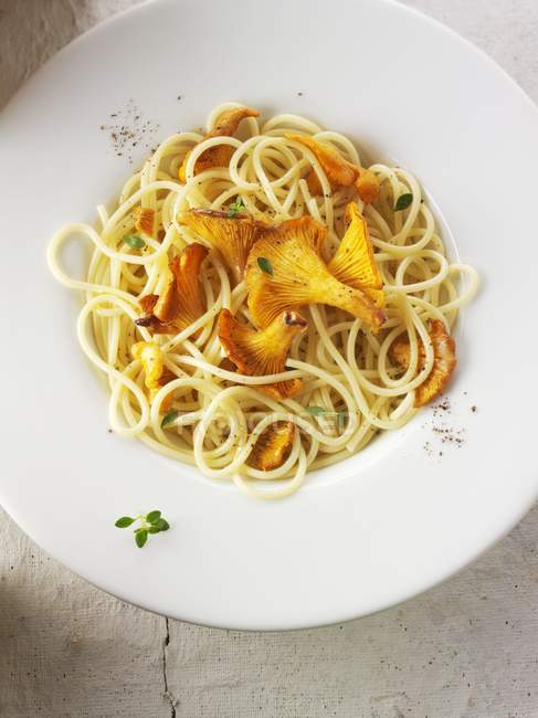 Spaghetti con funghi finferli — Foto stock