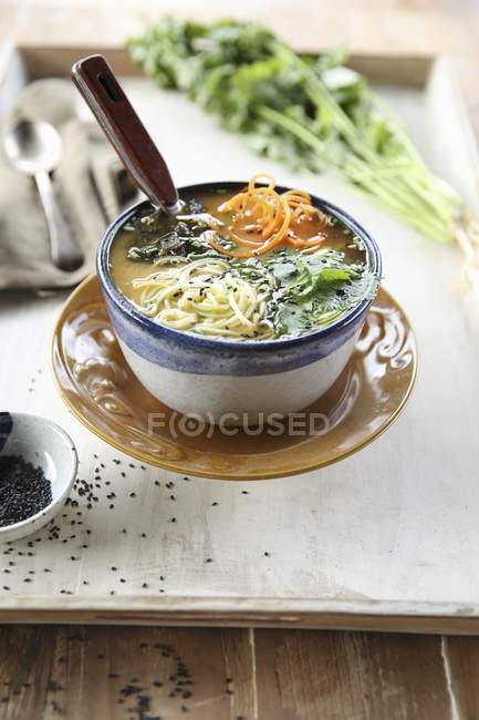Asian miso soup with raw vegetables and coriander in pot over white desk — Stock Photo