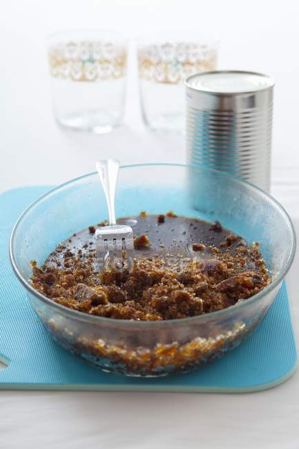 Closeup view of ices coffee with fork in bowl — Stock Photo