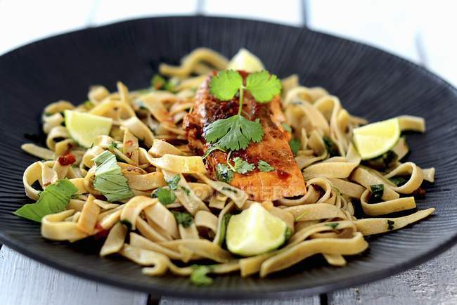 Tagliatelle pasta with salmon — Stock Photo