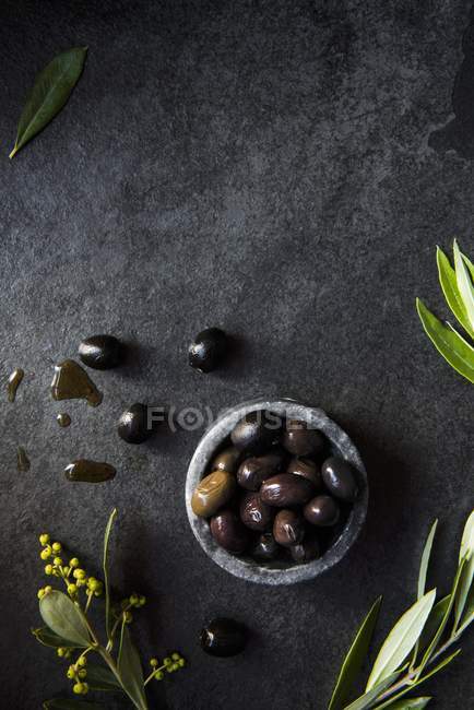 Миска з оливками з оливковим листям — стокове фото