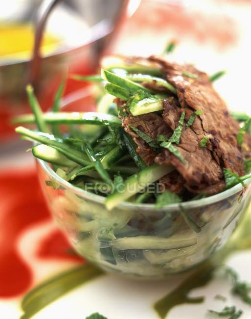 Beef with cucumber and mint salad — Stock Photo