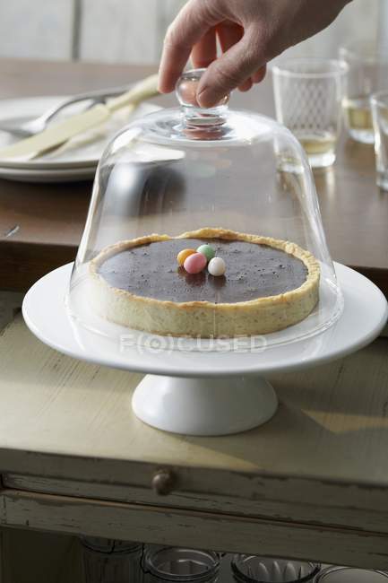 Vista close-up de torta de chocolate sob cúpula de vidro — Fotografia de Stock