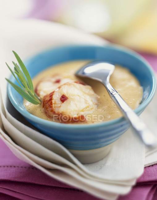 Closeup view of lobster Consomme soup with spoon and herb — Stock Photo