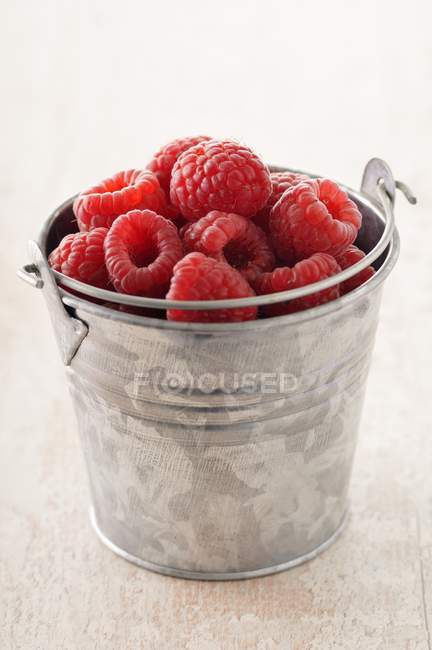 Metal bucket of fresh raspberries — Stock Photo