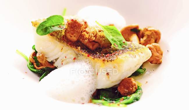 Pike-perch on bed of spinach and chanterelle — Stock Photo