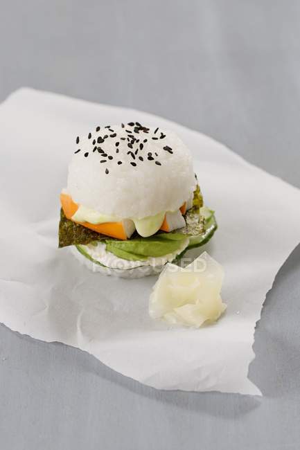 Sushi burger with cucumber — Stock Photo