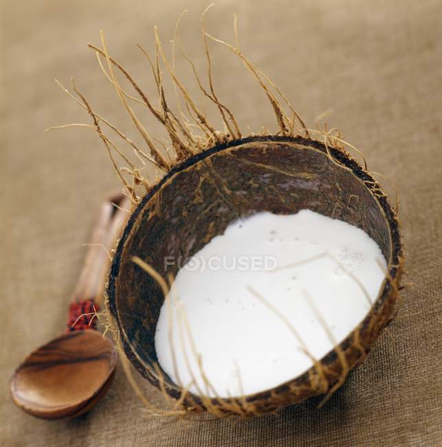 Leche de coco y cuchara de madera - foto de stock
