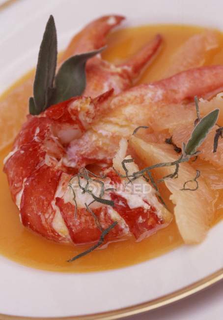 Closeup view of fried Breton lobster with sage and grapefruit — Stock Photo