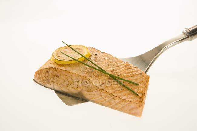 Filete de salmón con rodaja de limón tostado - foto de stock