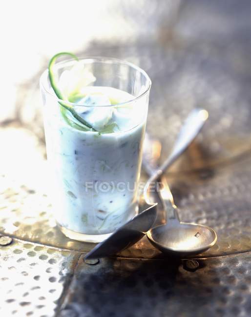 Raita iced cucumber in glass cup — Stock Photo