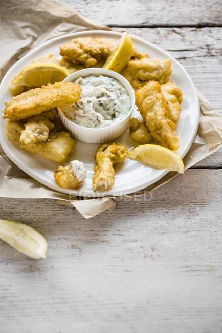 Deep-fried fish with tartar sauce — Stock Photo