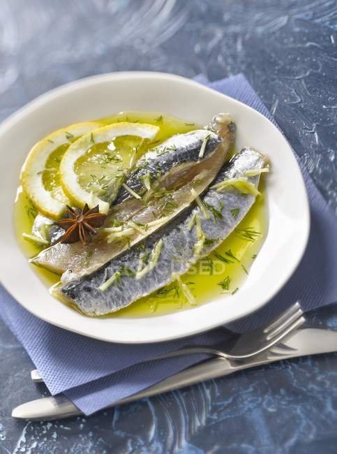 Filetes de sardina crudos en aceite de oliva - foto de stock