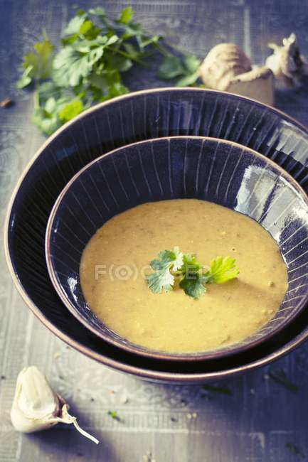 Веганский чечевичный суп в сложенных мисках — стоковое фото