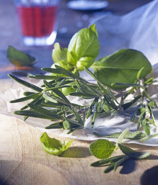 Ervas aromáticas frescas sobre papel — Fotografia de Stock