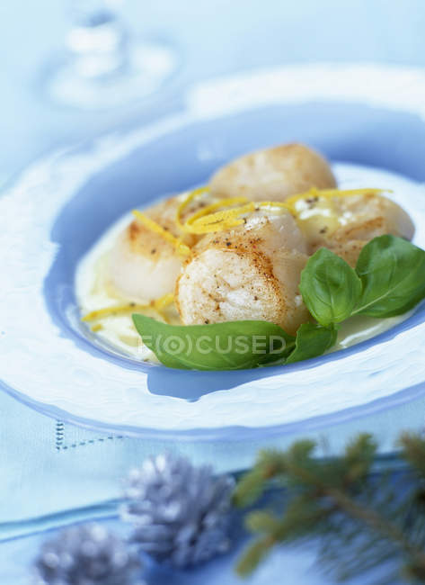 Closeup view of scallops with citrus fruit zest and leaves — Stock Photo