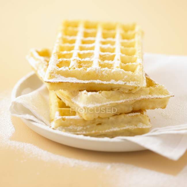 Waffles with icing sugar on plate — Stock Photo