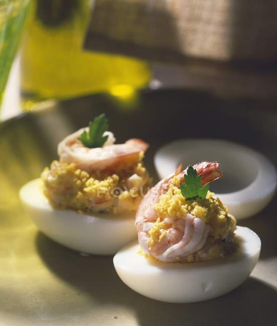 Egg mimosa with shrimps — Stock Photo