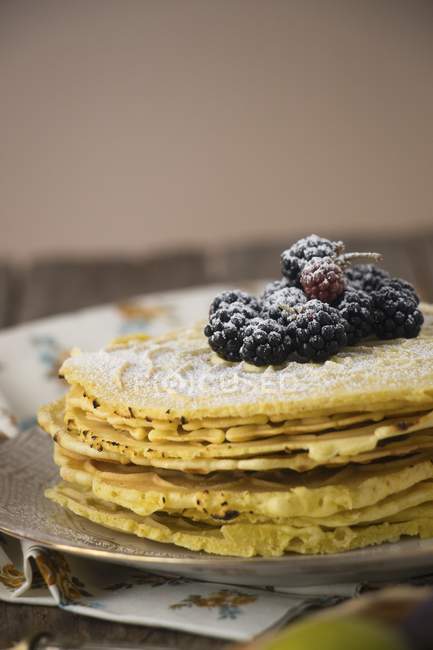 Closeup view of Ferratelle Italian wafers pile with blackberries and sugar icing — Stock Photo