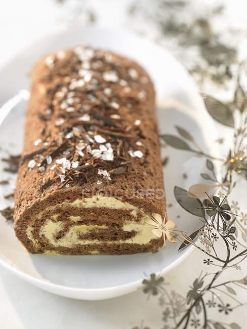 Closeup view of chocolate log on plate with decorative branch — Stock Photo
