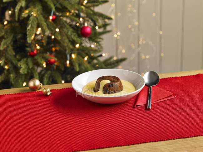 Christmas pudding with custard — Stock Photo