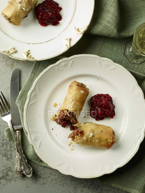 Top view of chestnut bacon fritter, broken in the middle — Stock Photo