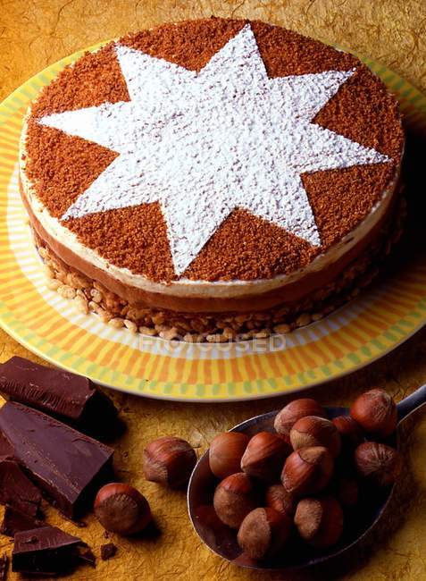 Torta de chocolate com decoração estrela sobre placa — Fotografia de Stock