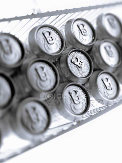 Vista close-up de camadas de latas na geladeira — Fotografia de Stock